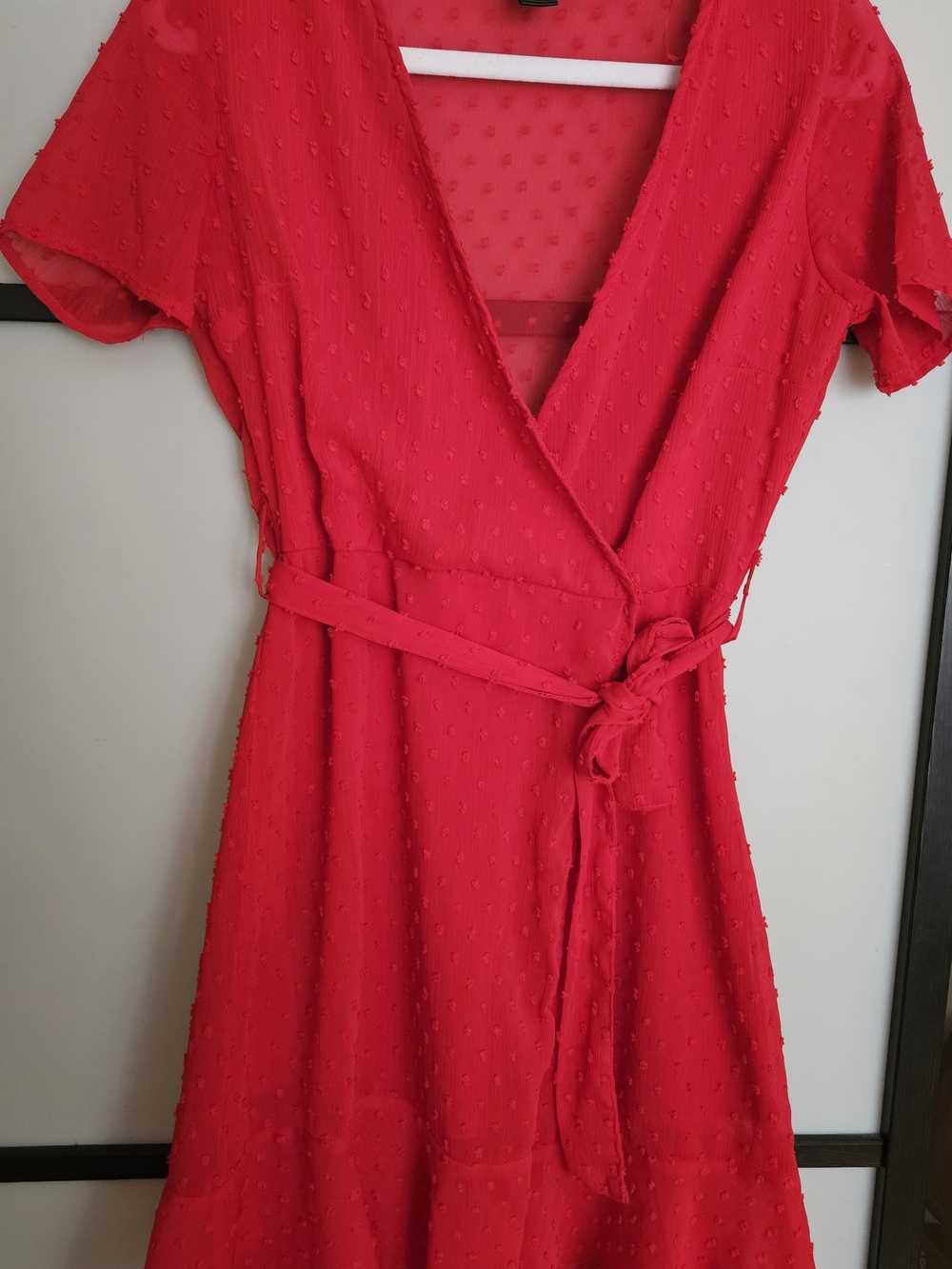 Red Wrap Short Dress with Textured Dot Fabric